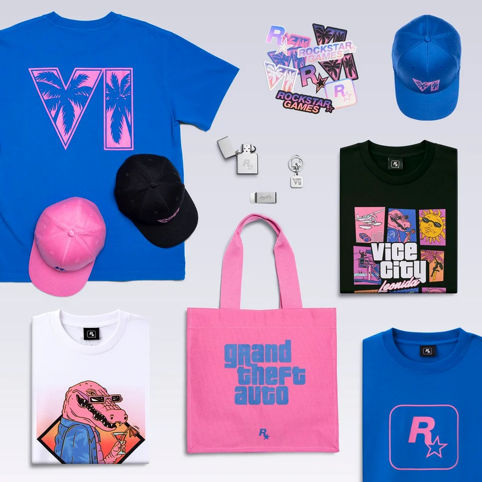 Shirts, Caps, Tasche, Feuerzeug, Schlüsselanhänger und Aufkleber aus der GTA-VI-Kollektion im Rockstar Store