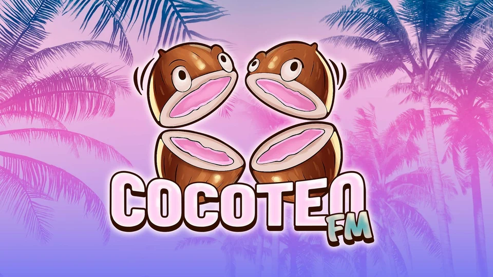 Two halved coconuts with eyes and the Cocoteo FM logo in official Rockstar promotional artwork