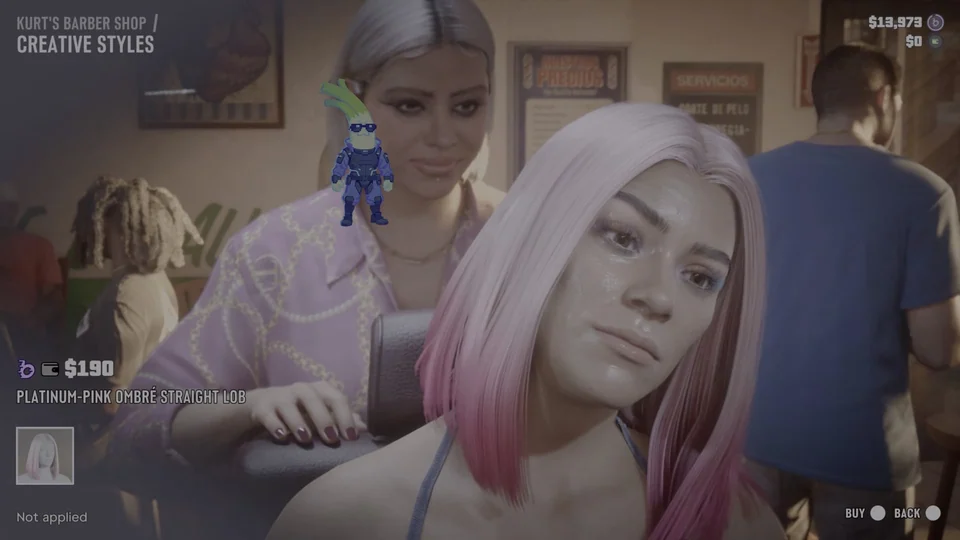 Lucia with pink hair tips at Kurt's Barber Shop in the GTA 6 recording