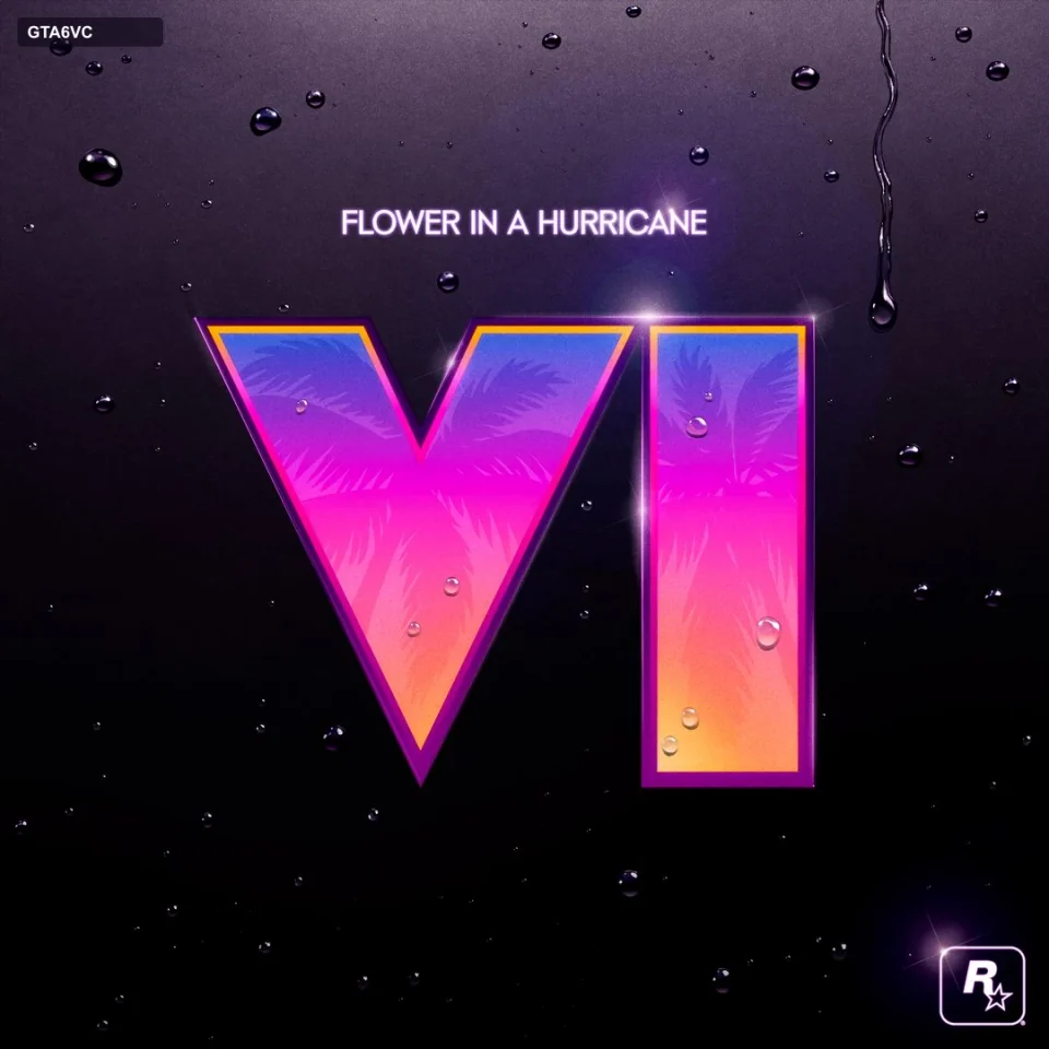 Artwork der Single Flower in a Hurricane: rosa-violettes VI-Zeichen mit Wassertropfen und dem Songtitel