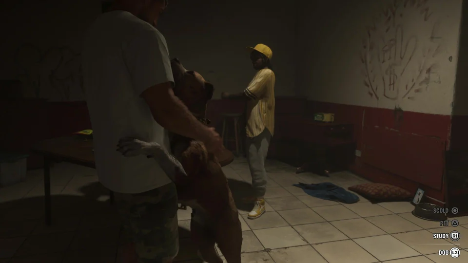 Un perro se alza ante Jason; a la derecha se ven PET, SCOLD y STUDY