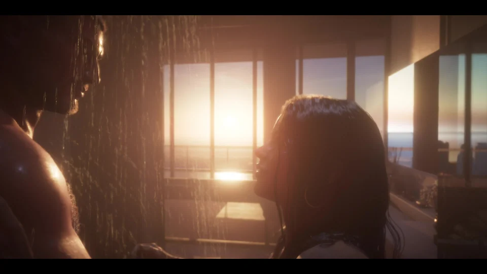Jason y Lucia bajo el agua junto a una ventana grande al atardecer, fotograma del tráiler de lanzamiento de GTA 6