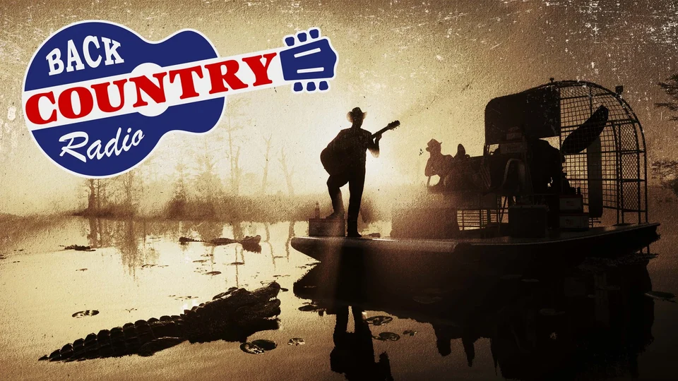 Official Back Country Radio artwork showing a guitarist on an airboat, alligators and the station logo