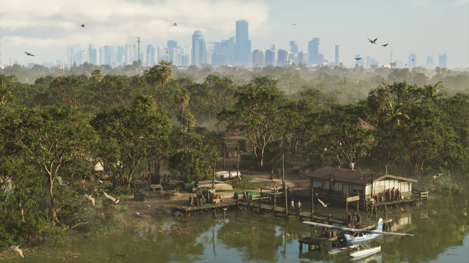 湿地と水上飛行機、遠くの街が見えるレオニダの風景。Bloombergの記事で使われたGTA VIの画像